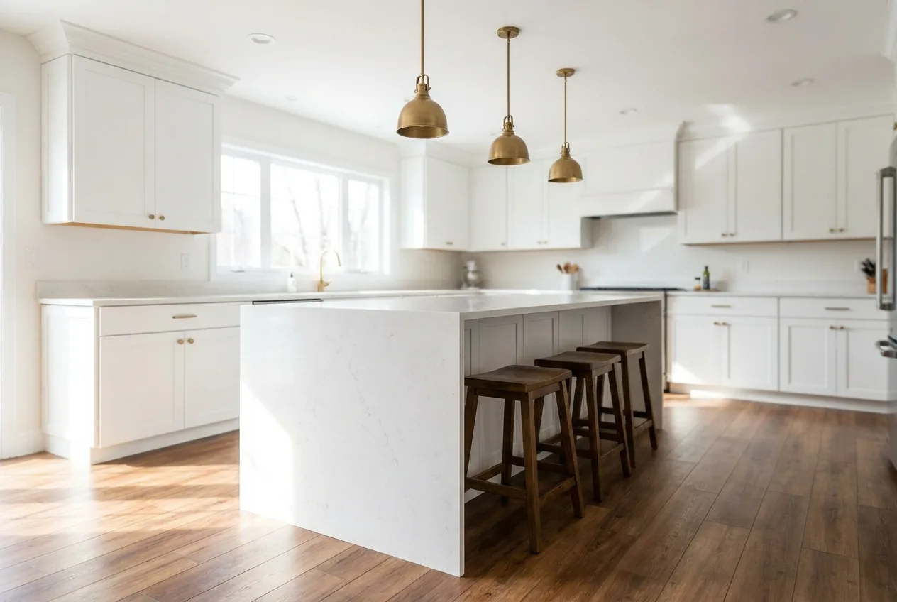 Renovated kitchen with white shaker cabinets, a quartz waterfall island, brass hardware and warm wood floors