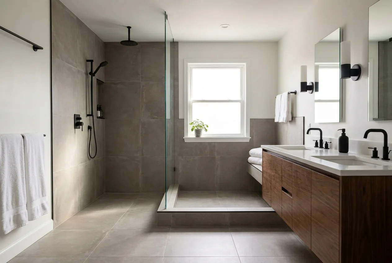A renovated primary bathroom with a walk-in shower, large porcelain tile and a walnut vanity