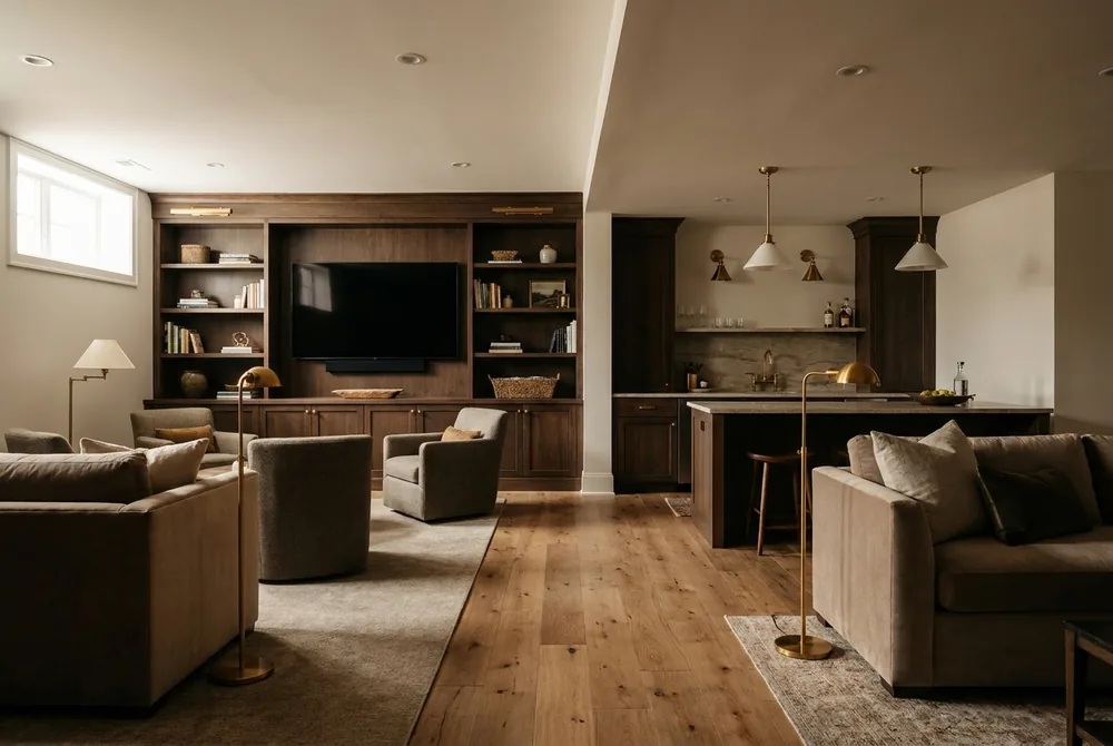 A finished basement with a built-in media wall, a wet bar and wide plank flooring