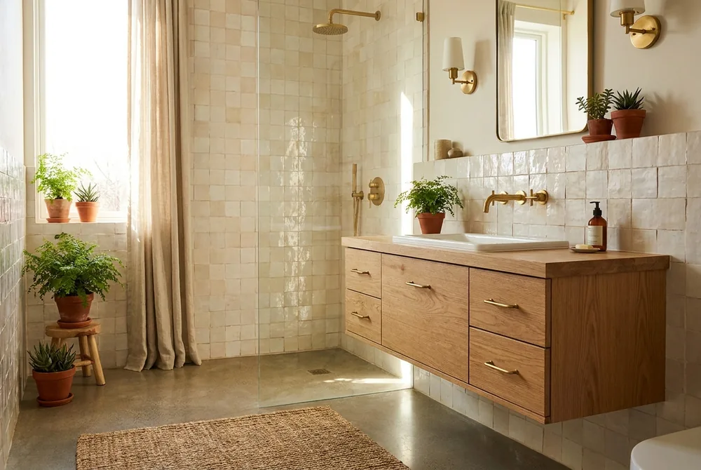 A renovated hall bathroom with glazed zellige tile, a floating oak vanity and brass fixtures
