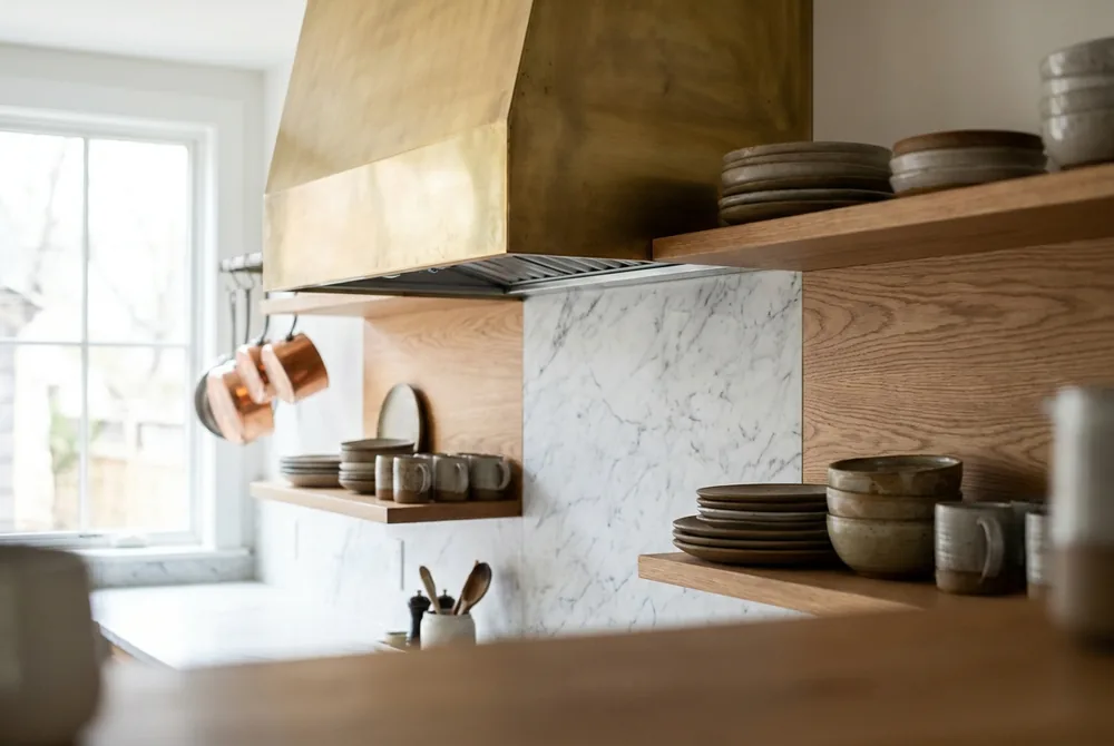 Kitchen detail with a marble backsplash, a brass range hood and open oak shelves