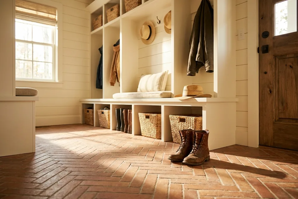 A mudroom with built-in cubbies, a bench, shiplap walls and a herringbone tile floor