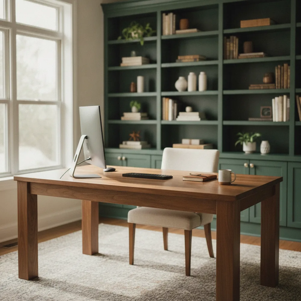 A home office with floor to ceiling built-in bookshelves painted deep green and a walnut desk